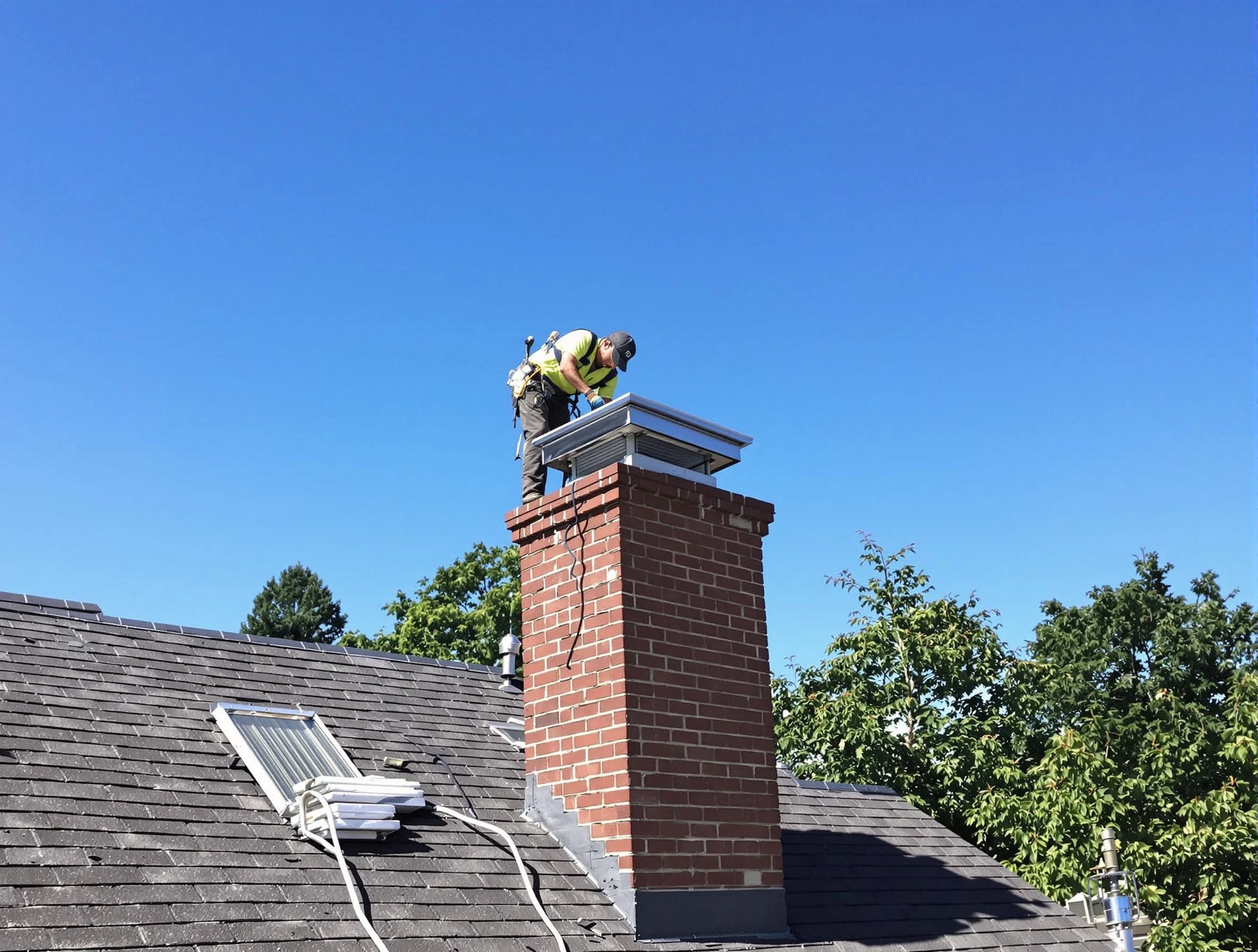 Bernards Chimney Sweep technician measuring a chimney cap in Bernards, NJ