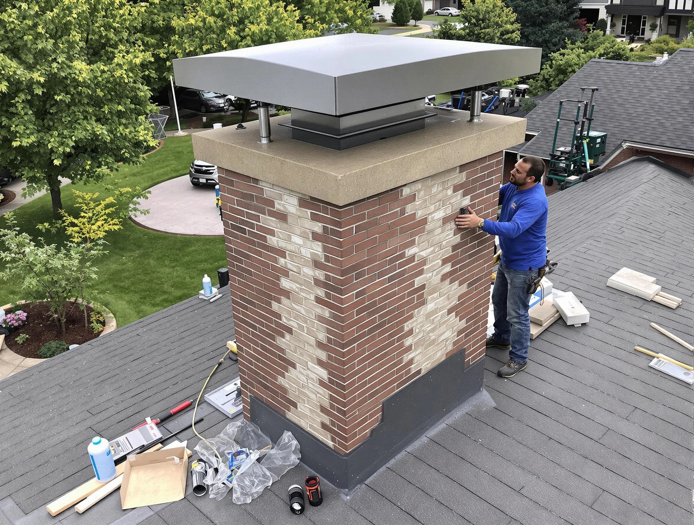 Bernards Chimney Sweep team working on a custom chimney remodel in Bernards, NJ